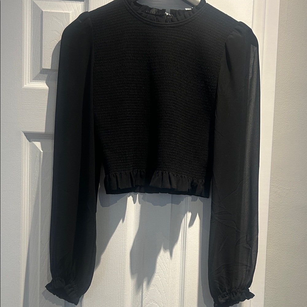 Aritzia Black Textured Blouse with Ruffled Hem